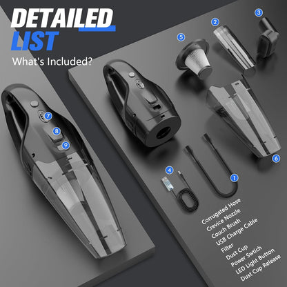 Nozzle Handheld Vacuum Cordless Rechargeable with LED Light, Car Vacuum Portable Cordless, Hand Vacuum Cleaner Car