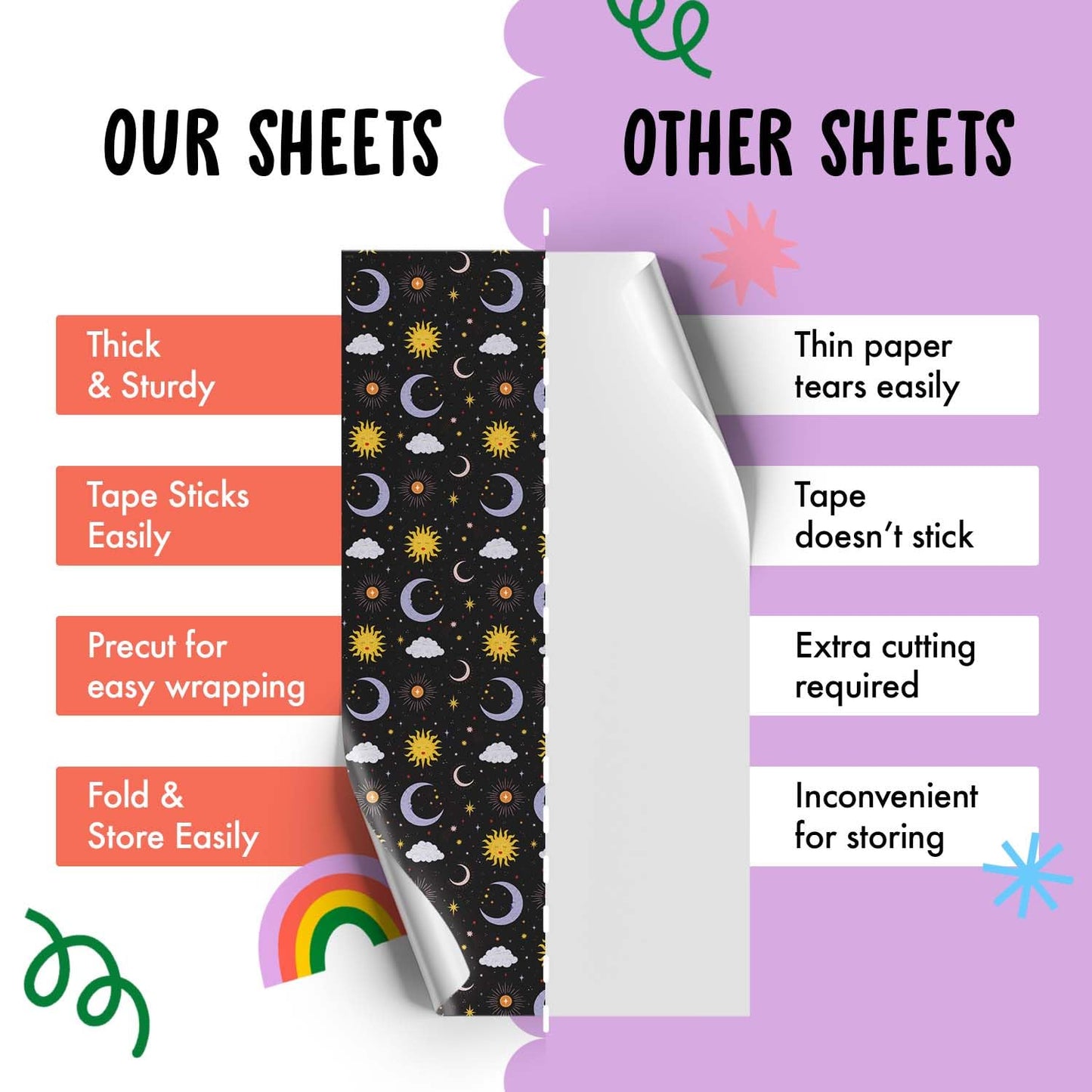 CENTRAL 23 Black Celestial Gift Wrap - 6 Sheets With Moons, Suns & Stars Galaxy - Birthday Wrapping Paper For Teens, Adults & Astrology Lovers - Christmas Holidays, Halloween - Recyclable