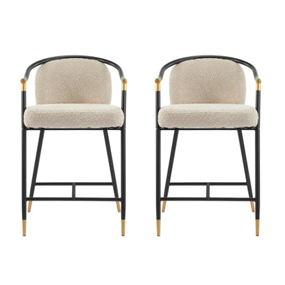 Christopher Knight Home Set of 2 Varus 26" H Iron Frame Counter Stool, Dining Room/Kitchen Island Barstool with Footrest/Backrest, Boucle Upholstered Accent Chairs for Kitchen Counter, Almond+Black