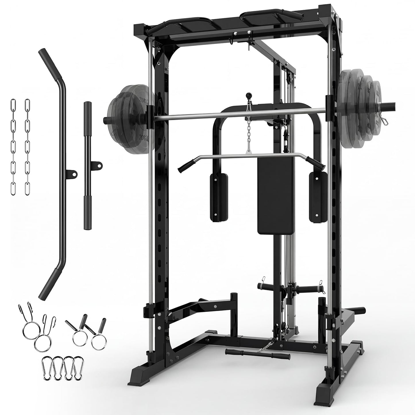 Garvee Smith Machine Home Gym, 1000 LB Power Cage Squat Rack with LAT Pulldown System, Chest Station & More Training Attachment, Multi-Functional Fitness Equipment for Full-Body Training, Black