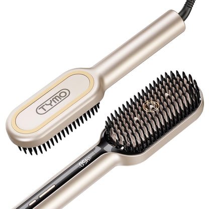 TYMO Hair Straightener Brush - Upgraded Ionic Plus Straightening Brush with Dense Bristles, 16 Temps, Dual Voltage | Ceramic Hot Comb for Women | Flat Iron for Thick Curly Hair, Black