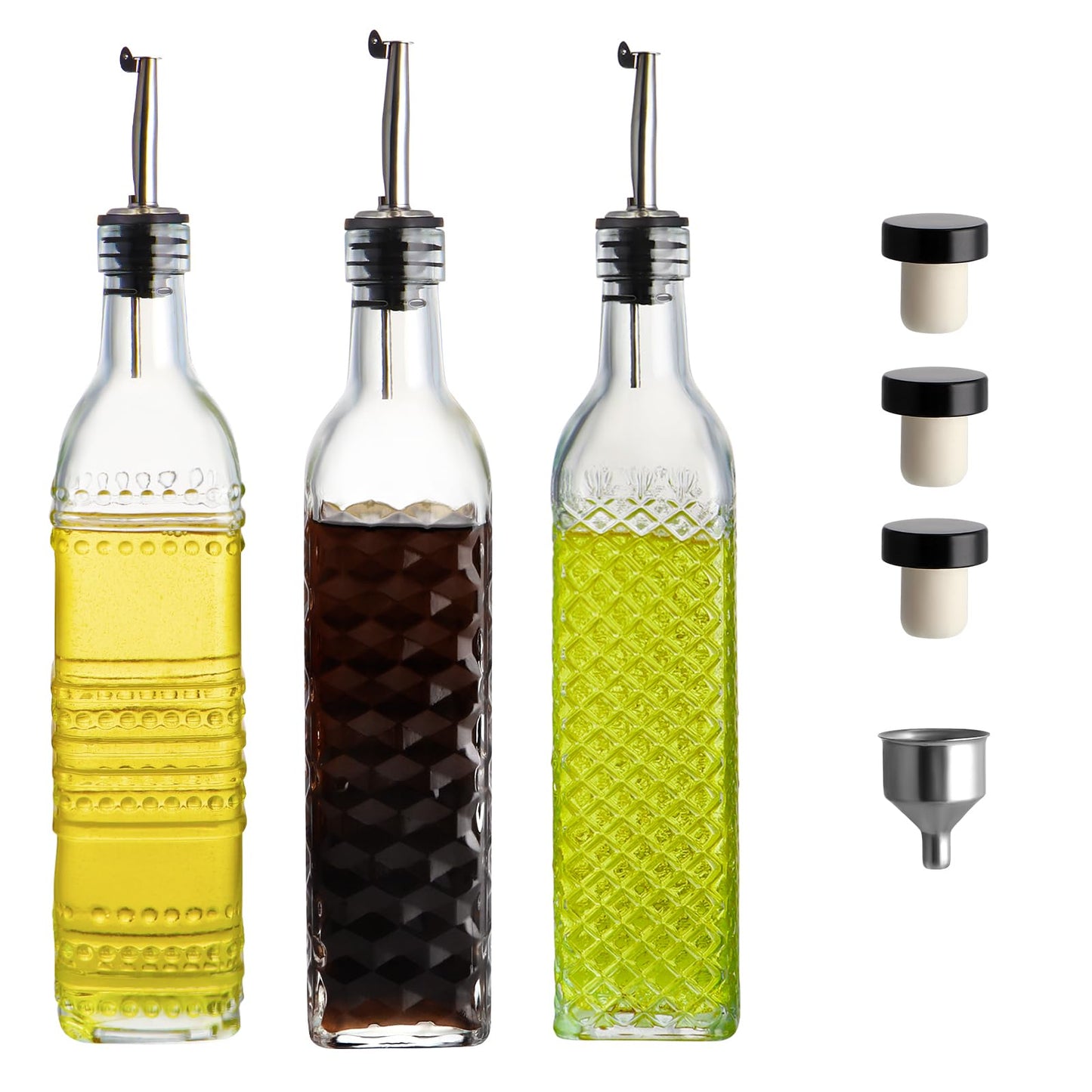 MDLUU Oil and Vinegar Dispenser Set, 17oz Clear Glass Olive Oil Bottles, Kitchen Vinegar Decanters with 3 Spouts, 3 Plugs, 1 Funnel, Pack of 3