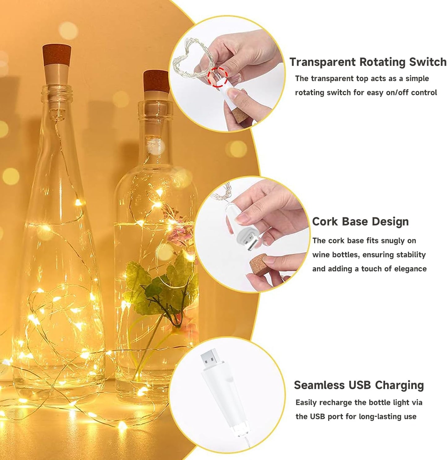 20 2024 2 Pack) Bottle Lights, LED Fairy Lights Battery Operated USB Rechargeable Upgraded Bottle Light with Cork