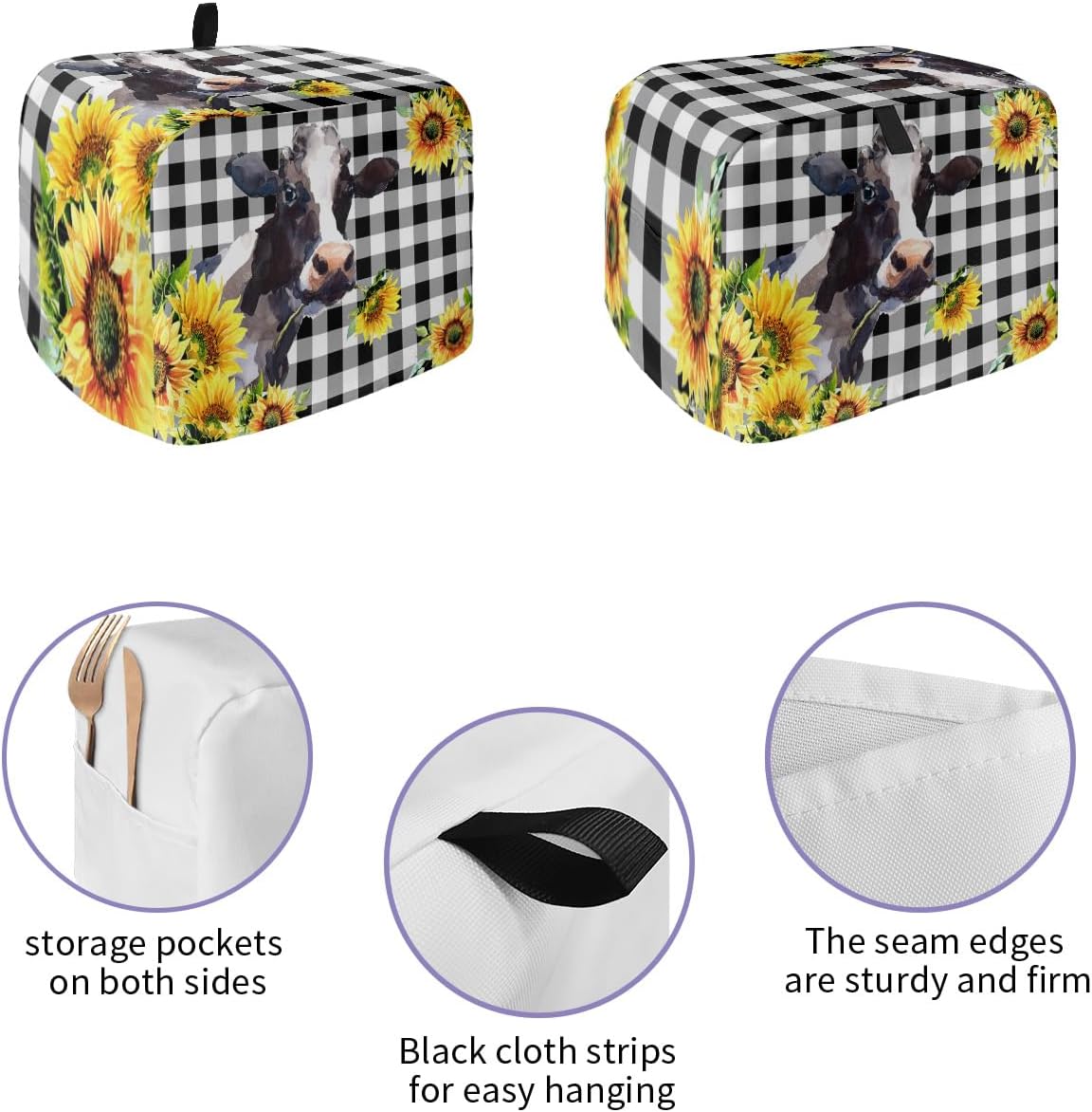 Toaster Cover 2 Slice, Yellow Sunflower Cow, Dust-Proof Cover with Pockets for Kitchen Small Appliance