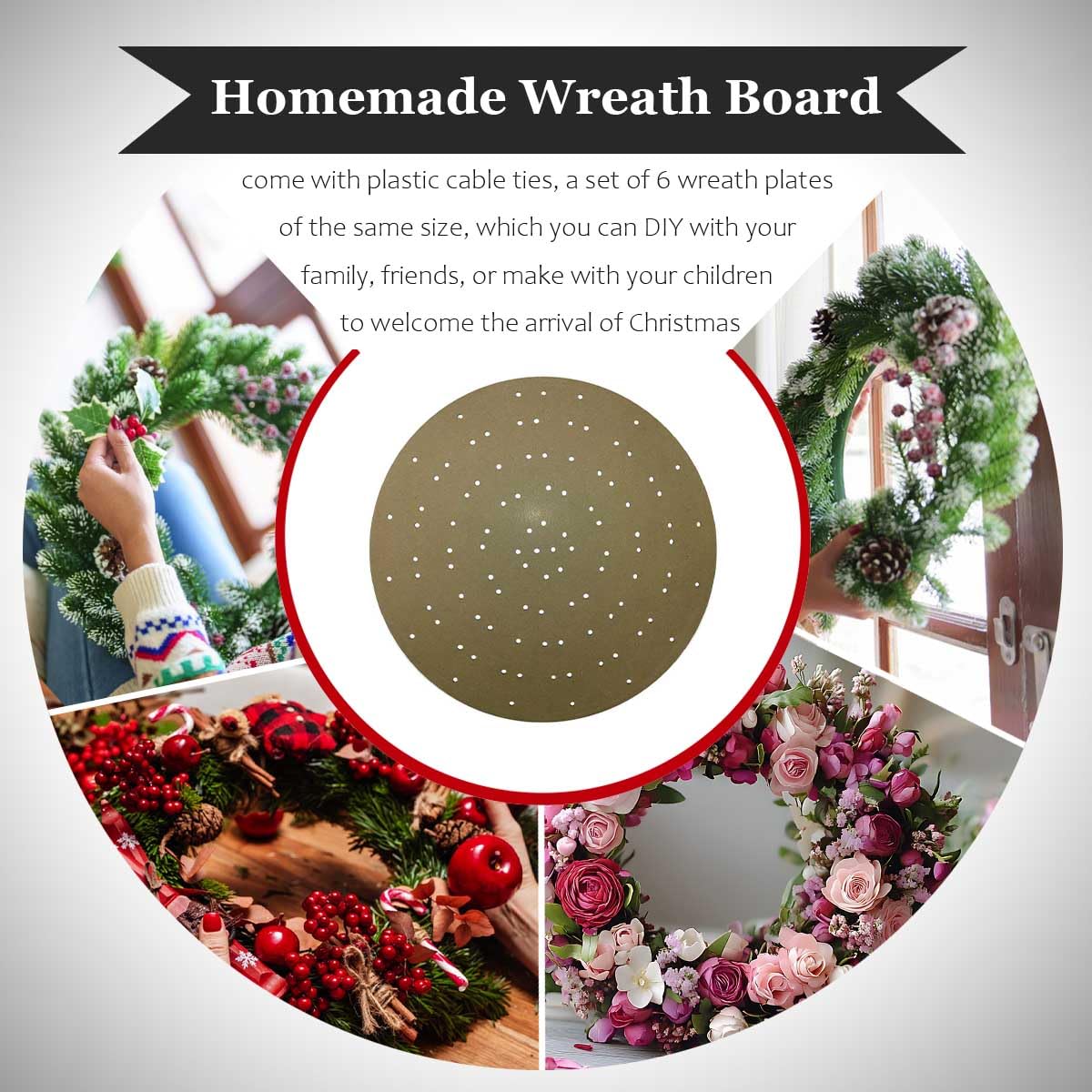 Gkesgm Six (6) Pack Christmas Wreath Boards with Cable Tie-Wrap（100 Pcs）| 7.87 Inch Wire Ties，Round 12.2",Easy to Use Wreath Frame,ZAO-005