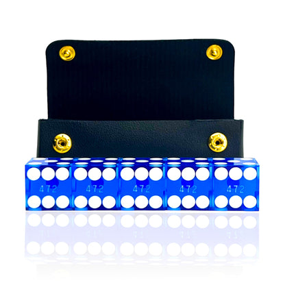 Luck Lab Grade AAA 19mm Casino Dice with Razor Edges and Matching Serial Numbers Set of 5 and Leather Dice Case, Blue