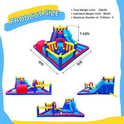 Inflatable Water Slide Park for Party Fun,15x15FT,Big Splash Pool,Long&Short Slides,Fun Crawl Tunnel,Basketball Hoop,GFCI Blower,Bounce Castle for Kids