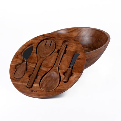 Beautiful Salad Bowl 12x12x4.75" Wood Bowl with Herringbone Inlay Lid, Salad Servers, and Cheese Knives Salad Bowls with Lids Wooden salad bowl with serving utensils |Designed in USA Handmade in India