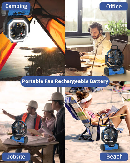 ADUST Camping Fan Battery Operated Powered Fan with LED Lantern Light 20000mAh Rechargeable Portable Oscillating, 360° Rotation Hanging Hook for Tents, Cordless USB Desk Fan(Blue)