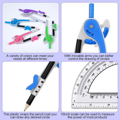 Seajan 24 Sets Compass and Protractor Set Geometry Compass with Pencil 6 Inch Drawing Tool Protractor for Geometry Bulk for Office Drafting Drawing