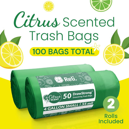 Reli 4 Gallon Trash Bags - Citrus Scented Drawstring Liners for Small Trash Cans | 100 Count