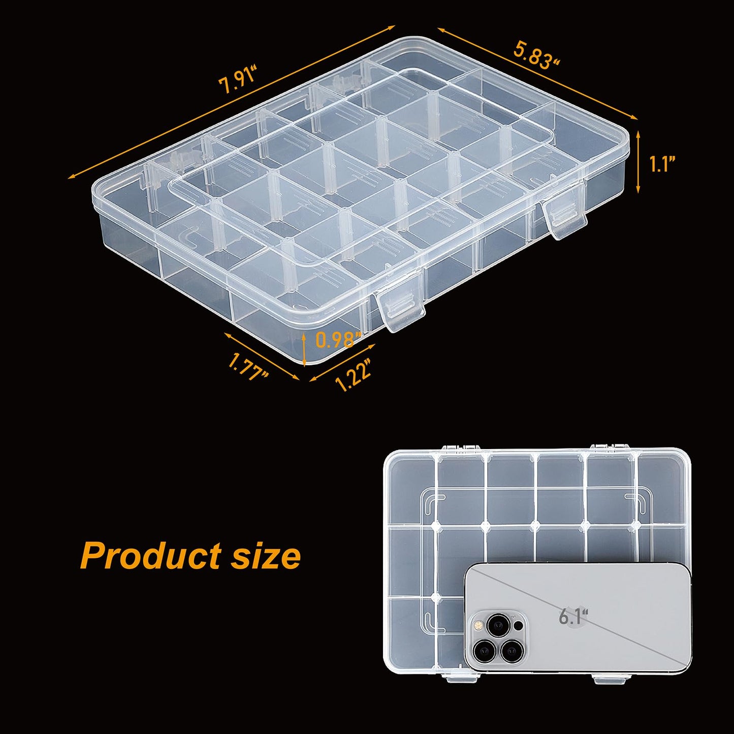 CGCG 3 Pack 7.9 x 5.8 inch Plastic Organizer Box with Adjustable Dividers 18 Grids Clear multi Compartment Storage Container Small Case for Beads Crafts Jewelry Fishing Tackles nail charm sticker