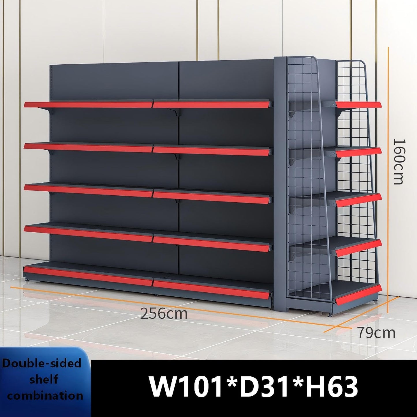 Double-Sided Retail Display Shelving Unit, Adjustable Height, Customizable Combination, 2 Colors (Black, W106*D31*H63)