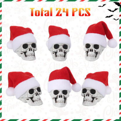 Lenwen 24 Pcs Mini Hanging Skull Heads Santa Hat Halloween Skeleton Head Tree Ornament Decorations for Holiday Party Xmas Tree Decor (2.16 Inch)
