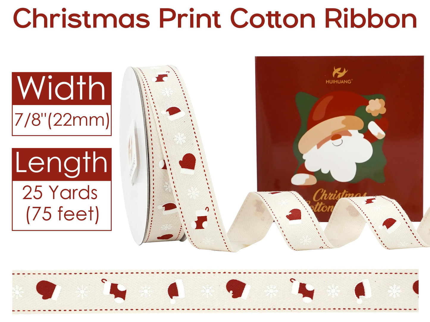 HUIHUANG Rustic White Christmas Ribbon for Gift Wrapping 7/8" Wide x 25 Yards Twill Cotton Ribbon with Snowflake & Stocking Ribbons for Home Decor, Tree Ornaments, Wreaths, DIY Crafts