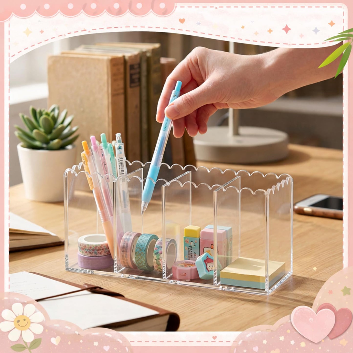 Tosstuki Scalloped Acrylic Pencil Holder for Desk, Clear Pen Organizer with 4 Compartments, Marker Makeup Brush Holder Remote Caddy for Home, Office, Bathroom, Classroom, Table