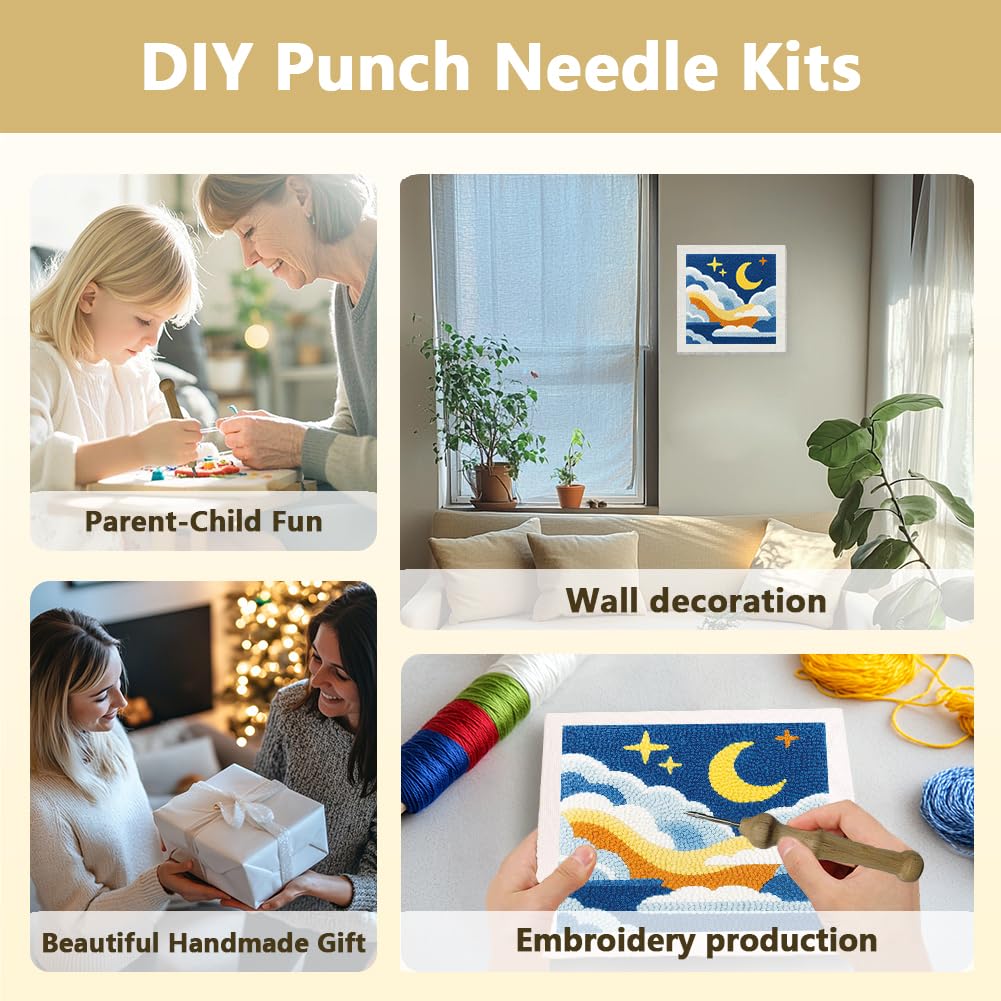 Doodlream Sea of Clouds DIY Punch Needle Embroidery Kit for Adult Beginner, 9.4" Clouds Moon Punch Stitching Craft Set for Starter with Frame,Fabric Pattern,Threader, Yarn, Pinch Needle