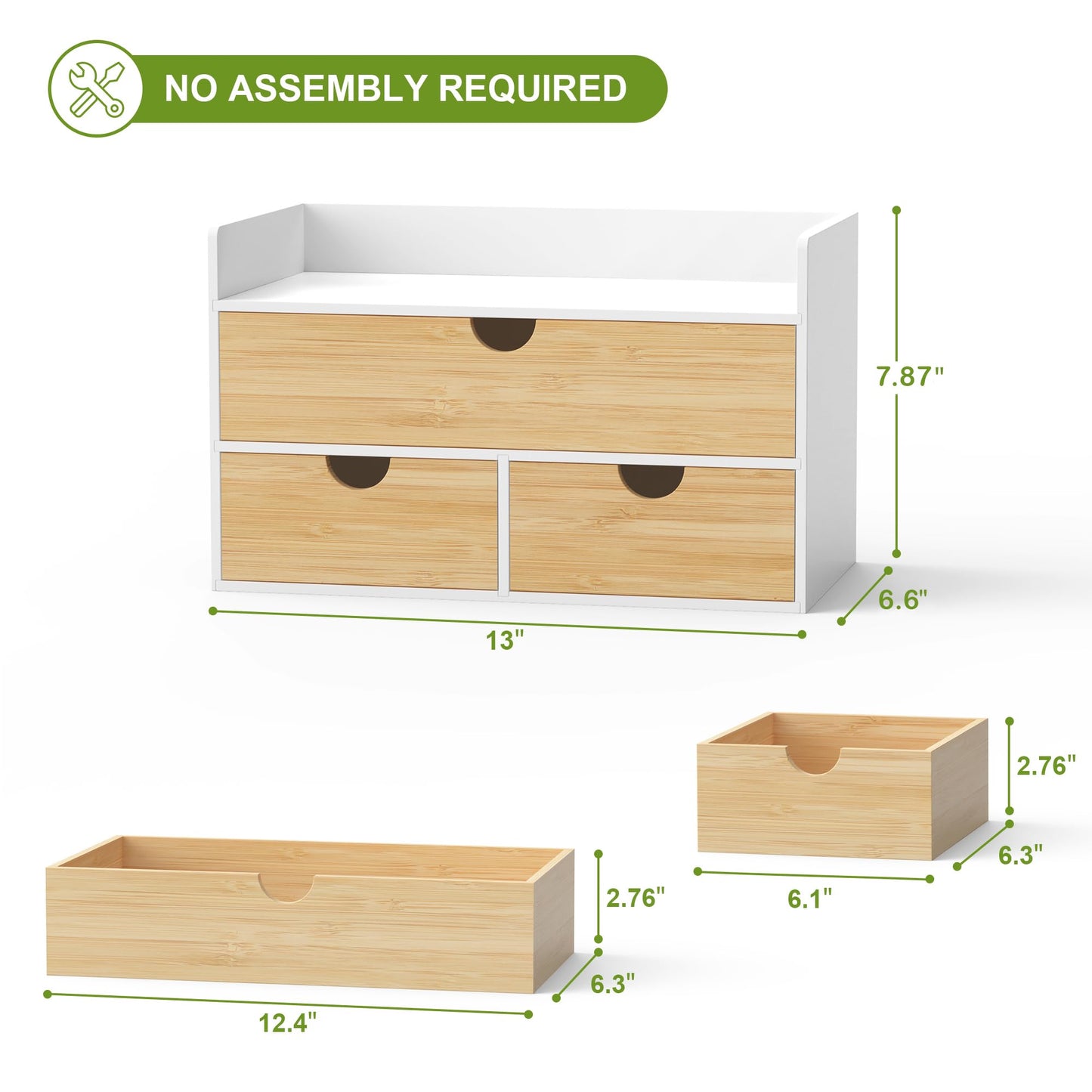 Desk Organizer with Drawers - Bamboo Desktop Organizer Storage | White-Natural Wood Desk Drawers Organizer for Bills, Office Supplies, Cosmetics, Seals No Assembly Required