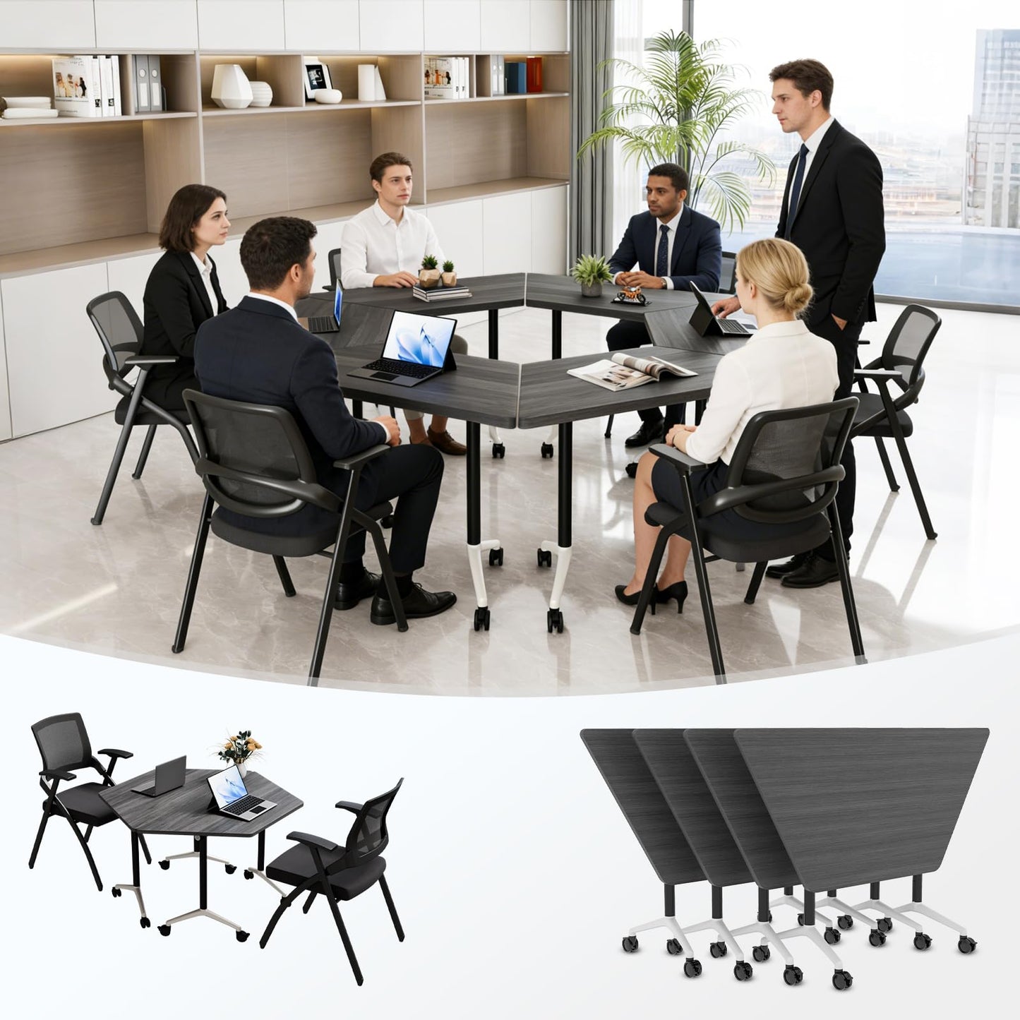 Conference Room Table, Foldable Flip Top Mobile Training Table with Wheels, 47.2 Inch Modern Rectangular Meeting Seminar Desk, Waterproof Metal Frame for Office, Classroom & Boardroom