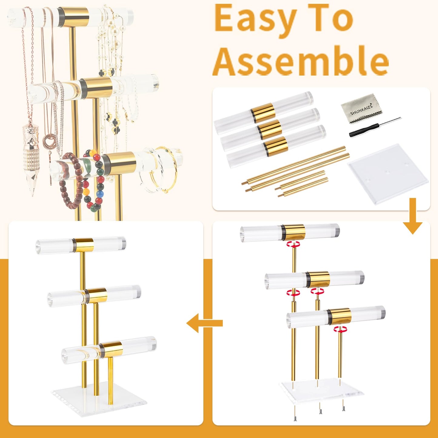 3 Tier Tangle-free Bracelet Display Stands, Acrylic T-Bar Jewelry Display Holder, Clear Gold Necklace Organizer with Stainless Rod, Women Men Vendors Retail Store Counter Jewelry Hanging Stand