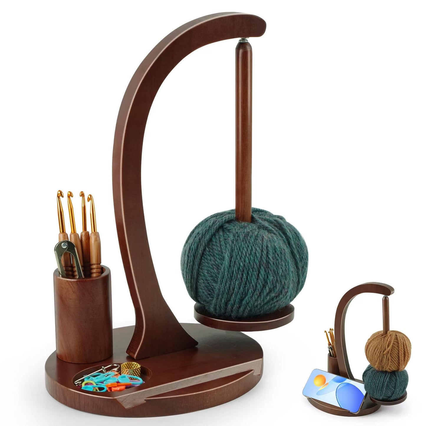 Sewovvmu Crochet Yarn Holder, Yarn Spinner for Crocheting with Phone Stand & Crochet Accessories Storage, Crochet Gift for Knitting Lovers (Brown)