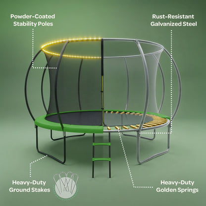 JoyBerri Trampoline Outdoor - Upsurge ASTM Certified Safe 8Ft 10Ft 12Ft 14Ft 15Ft 16Ft Recreational Trampoline for Kids and Adults. Anti-Rust Coating with Enclosure Net, Ladder, Sprinkler & LED Lights