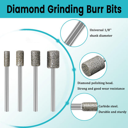 Stone Carving Set Diamond Burr Bits Compatible with Dremel, 46Grit 150Grit 24PCS Polishing Kits Rotary Tools Accessories with 1/8'' Shank for Engraving, Grinding, Stone, Rocks, Jewelry, Ceramics