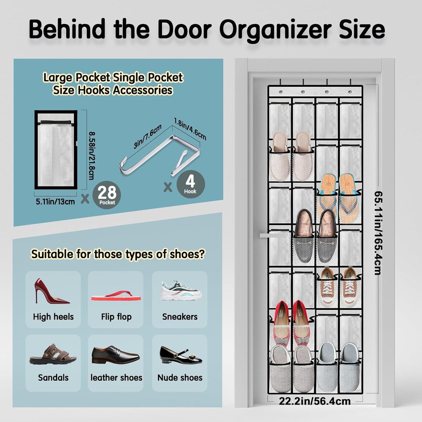 Kotkn 28 Closet Women,White-01) Compartment Over the Door Shoe Organizer, Breathable Mesh Large Shoe Rack for Storage