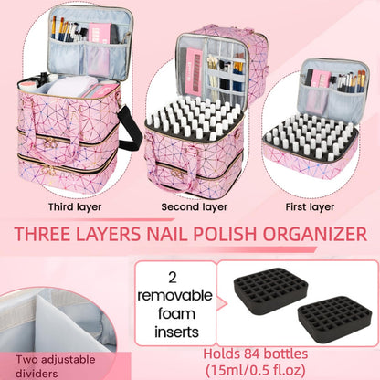 MZTXY Nail Polish Organizer Bag Holds 84 Bottles & Nail Lamp, 3 Layers Nail Kit Storage Carrying Case Pu Leather, Large Nail Supplies Organizer With Shoulder Strap, Portable Travel Nail Bag,Pink