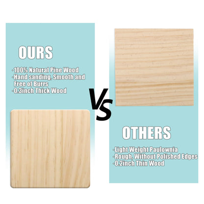 24 PCS Unfinished Square Wood Coasters, SIJDIEE 4 Inch Blank Wooden Coasters for Craft with Non-Slip Foam Pad Stickers for DIY Stained Painting Wood Laser Engraving Home Decoration Supplies