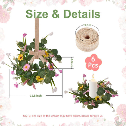 Spring Summer Wreath 6Pcs, 11.8 Inch Summer Wreath with Ribbon, Artificial Daisy Eucalyptus Leaves Grass Wreath, Hanging/Tabletop/Candle Ring Decor for Home Front Door, Porch, Wall, Window, Cabinets