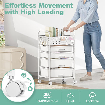 SYKIARIOL 4 Drawer Rolling Storage Cart with Pegboard Top and Hooks, Mobile Organizer Cart with Wheels for Office Supplies, Craft Storage, Classroom Organization, Home Utility Cart, White
