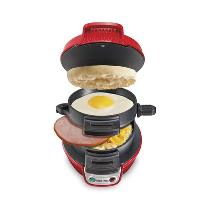 Hamilton Beach Breakfast Sandwich Maker with Egg Cooker Ring, Customize Ingredients, Perfect for English Muffins, Croissants, Mini Waffles, Perfect White Elephant Gifts, Coral (25483)