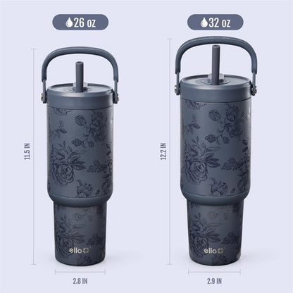 Ello Oasis Go+ 26oz Tumbler with Top Handle and Retracting Straw | Reusable Insulated Stainless Steel Cup, 100% Leakproof Water Bottle, 24 Hours Cold, Cup Holder Friendly For Travel | Rose Navy
