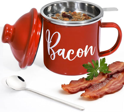 15oz Bacon Grease Saver with Strainer - Enamel Grease Container, Farmhouse Bacon Grease Keeper For Kitchen Fat Storage