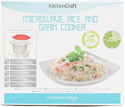 KitchenCraft Rice Cooker, Microwave Steamer, 1.5 Litre, BPA Free Plastic, White/Red