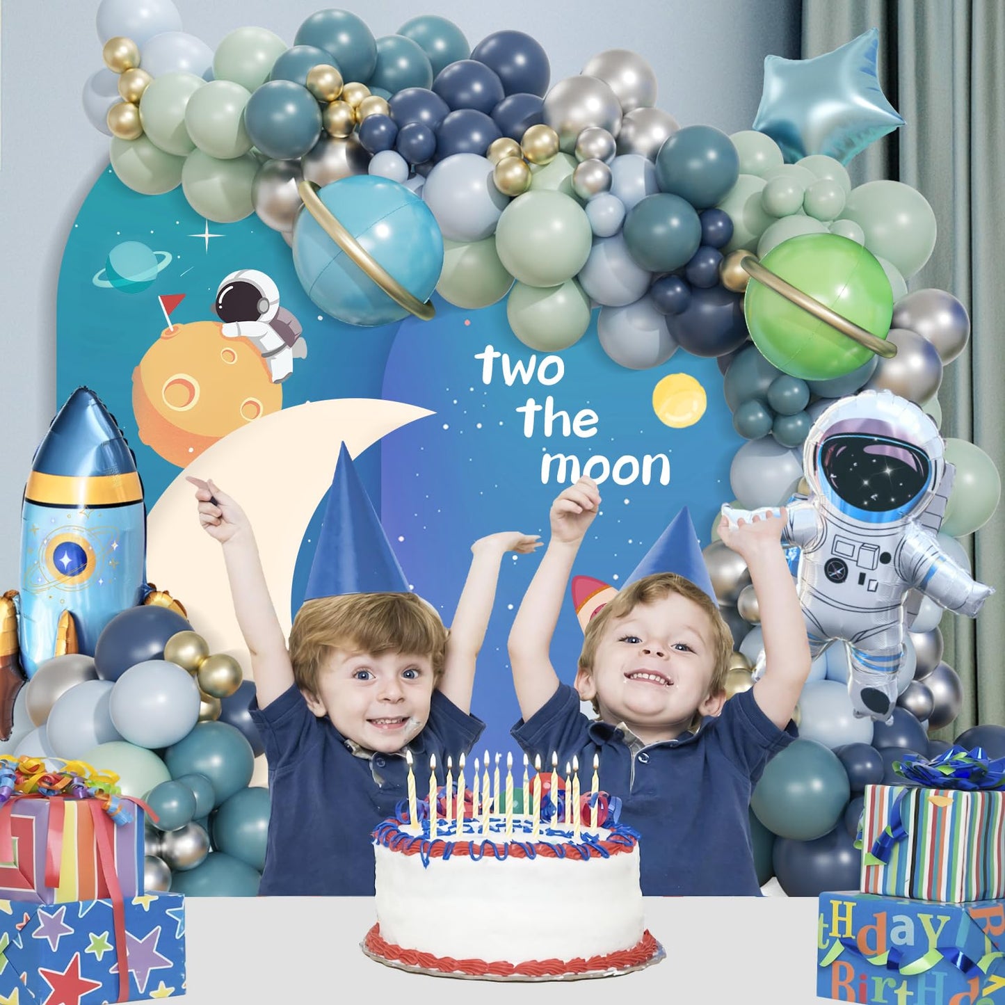 167pcs Space Balloons Arch Kit - Outer Space Party Decorations with Astronaut Rocket Blue Green Balloons for Baby Shower