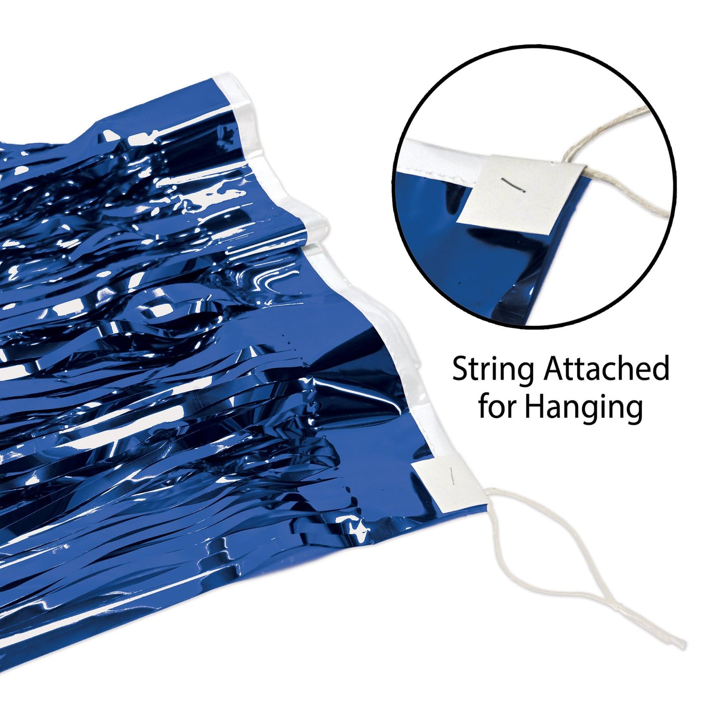 Beistle Metallic Fringe Drape Hanging Curtain, Party Supplies for Walls and Tables, Great for Baby Showers, Game Day, Graduation and Birthday Parties, 15" x 120", Blue