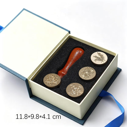 DBEFTLI 4-Piece Botanical Wax Seal Stamp Set – Interchangeable Solid Brass Heads & Wooden Handle – Vintage Floral Collection (Eustoma, Rosemary, Daisy, Tied Bouquet) in Gift Box for Weddings & DIY