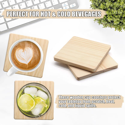 24 PCS Unfinished Square Wood Coasters, SIJDIEE 4 Inch Blank Wooden Coasters for Craft with Non-Slip Foam Pad Stickers for DIY Stained Painting Wood Laser Engraving Home Decoration Supplies