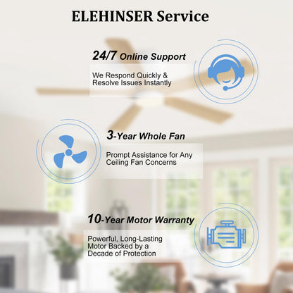 ELEHINSER 52 Inch Flush Mount Ceiling Fan with Lights, Low Profile Modern Ceiling Fan with Remote, Quiet DC Motor, 6-Speed, 3CCT,Timer, 5 Solid Wood Blades, White+Light Wood