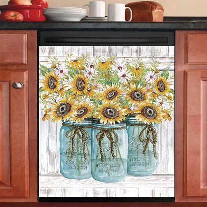 Farm Sunflower Dishwasher Cover Magnet Sticker, Vase Sunflowers Fridge Decal, Farm Style Vinyl Home Appliance Cover