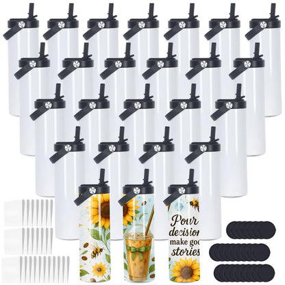 oaptuza 20 Oz Sublimation Tumblers Bulk Skinny Straight, 25 Pack Sublimation Sport Water Bottles Blanks with Portable Handle, Double Wall Stainless Steel Tumbler Cup for Heat Transfer, Individual Box