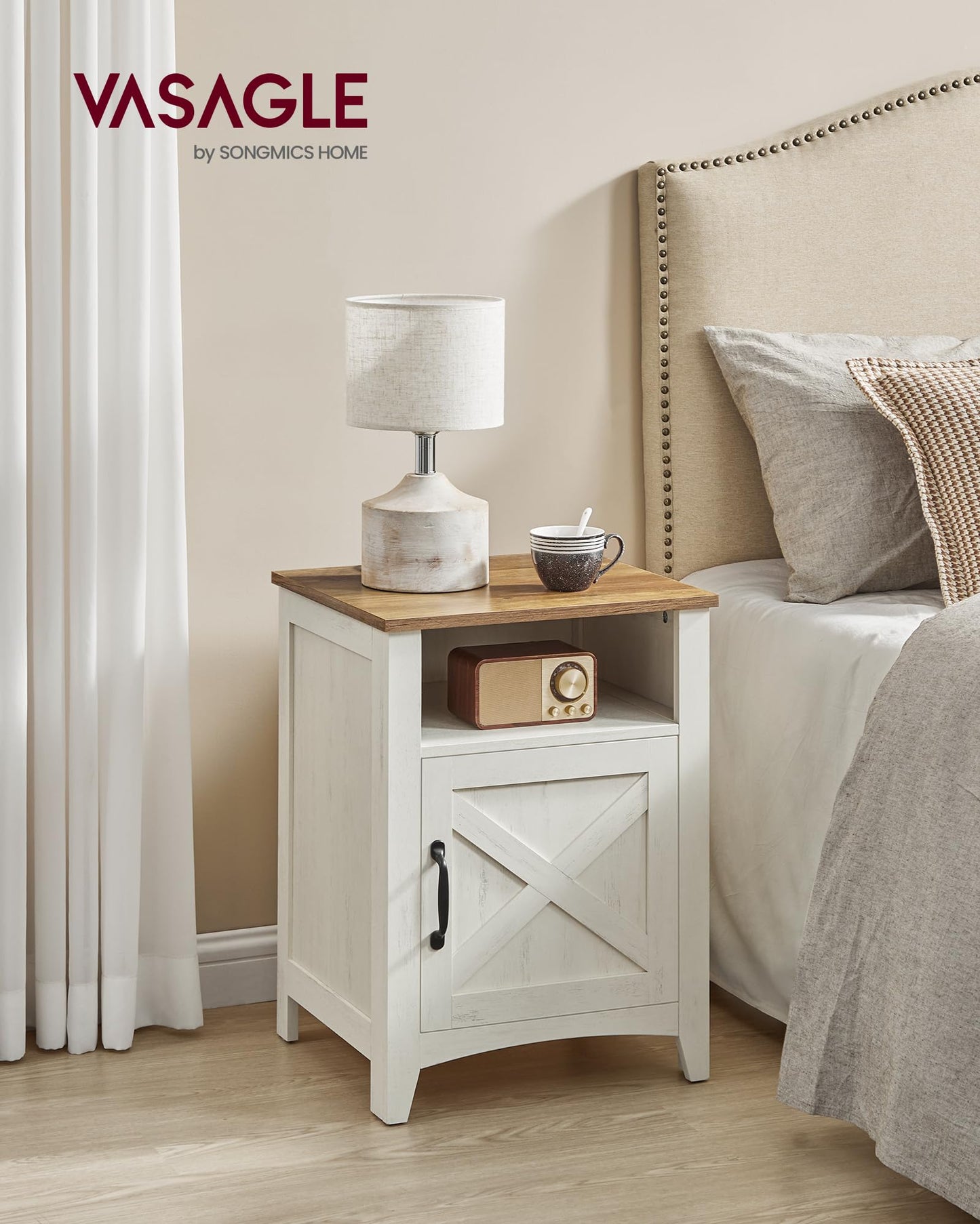 VASAGLE LIRY Collection - Farmhouse Nightstand with Barn Door, Bedside Table with Storage, Side End Table, Night Stand, Open Compartment, for Bedroom, Rustic White and Honey Brown ULET609K41