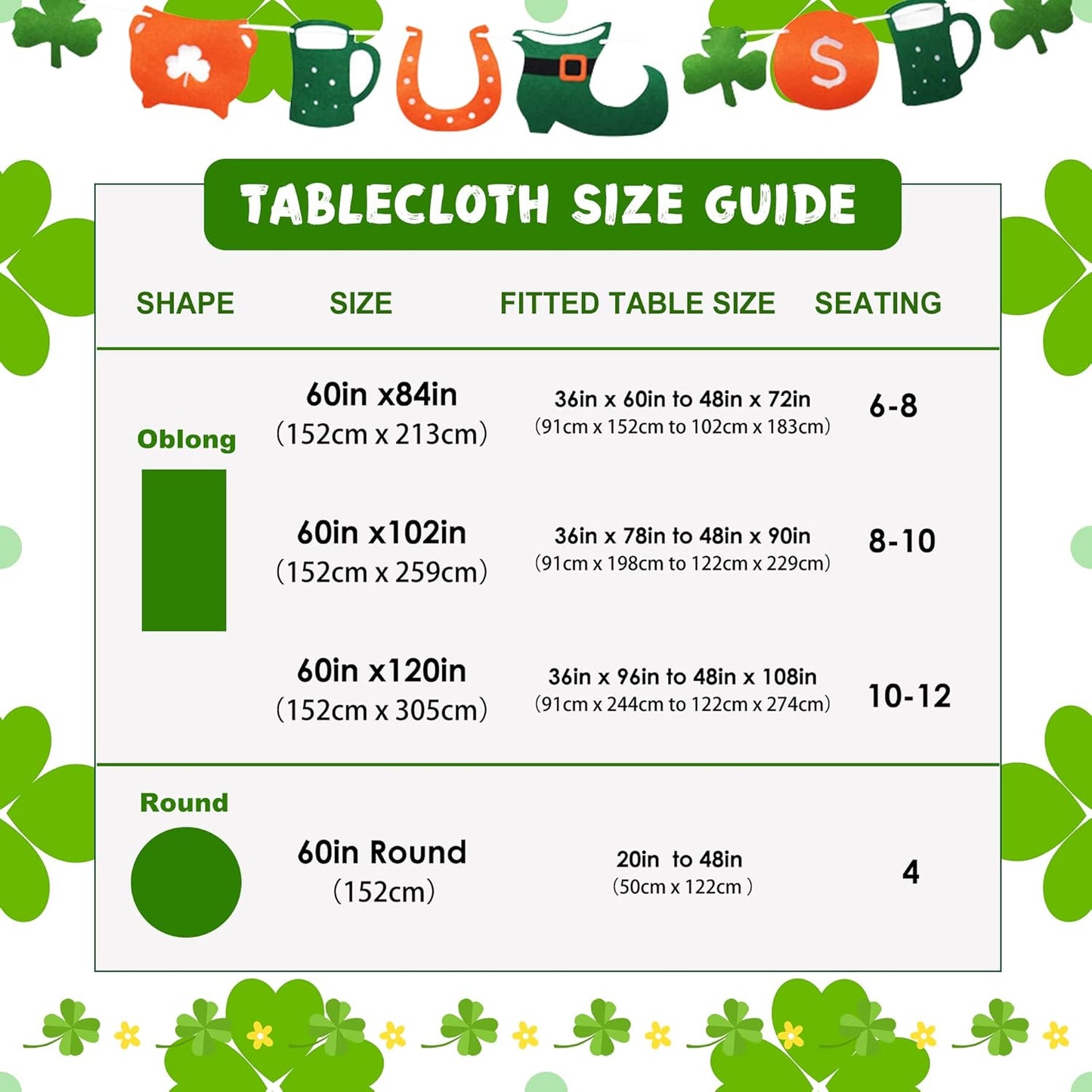 60 102 Inch, 100% 150 LUSHVIDA St.Patrick's Day Rectangle Table Cloth, x Shamrock Patterned Irish Clover Washable