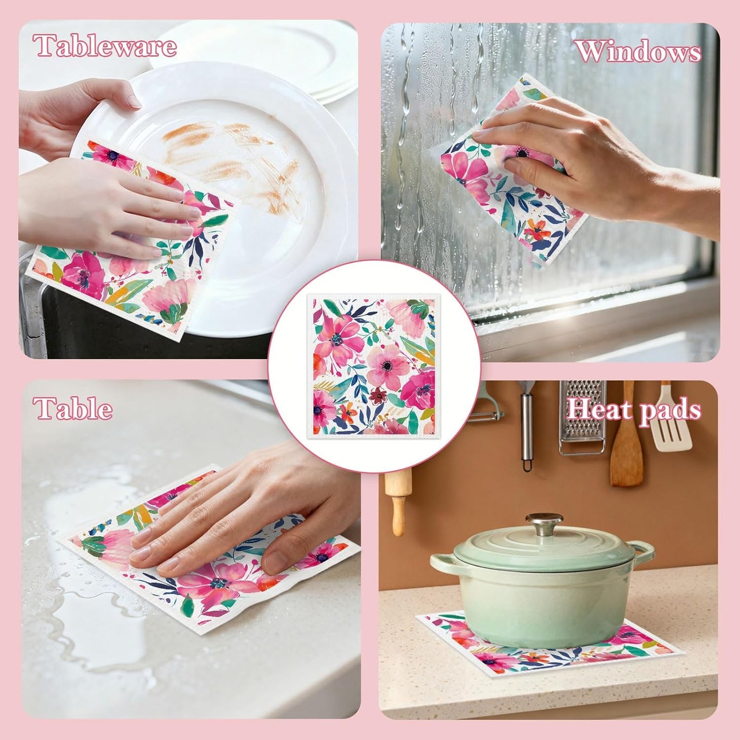 6 Pack, Mixed Flowers Swedish Kitchen Dishcloths Dish Towels Flowers Dish Towels for Kitchen, Swedish Dishcloth