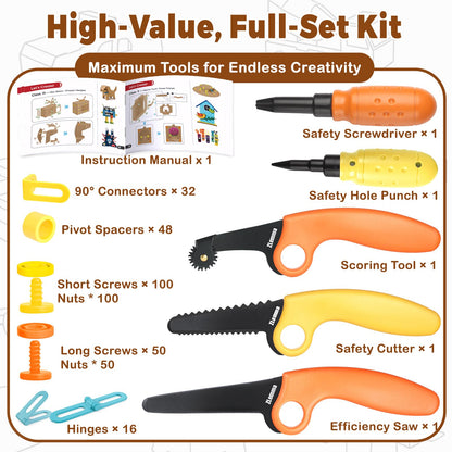 ZLemma Cardboard Construction Kit - 401 PCS Kids Building Set with Safe Serrated Cutter, Crease Roller, Screws & Nuts, STEM Upcycled Tool for DIY Cardboard Projects, Engineering & Creativity