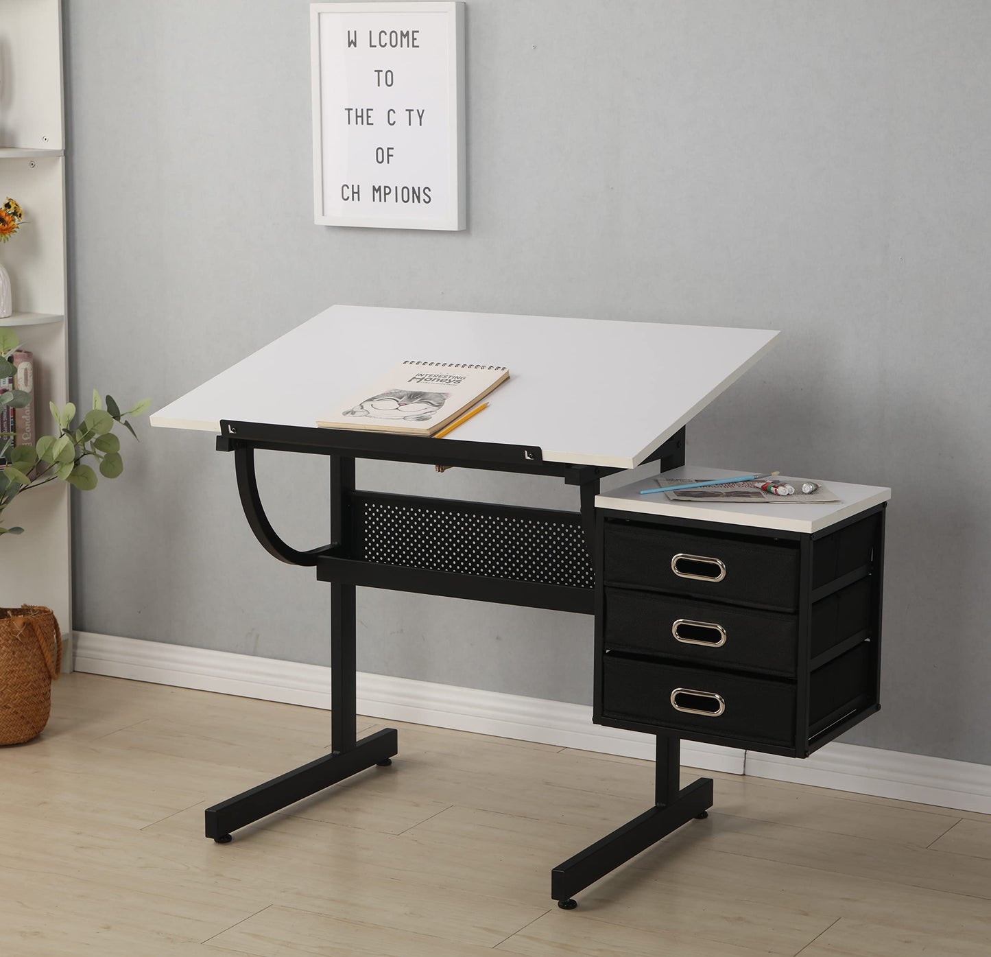 White Tabletop Adjustable Drafting Drawing Table for Crafting, Reading, Writing with Stool and 3 Storage Drawers