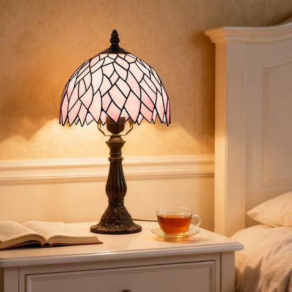 MOAN Small Lamp Stained Glass Table Lamp 8X14.5 Inch Bedside Reading Light Antique Light Desk Lamp(Pink Wisteria Style)