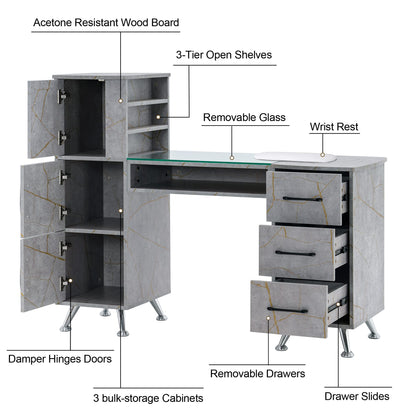 BarberPub Manicure Table, Nail Makeup Desk with Drawers, Storage Beauty Salon Workstation 2611 (Gold&Grey)